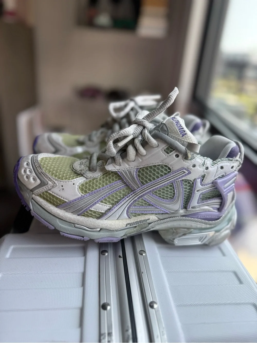 Balenciaga Women’s Trainer Sneakers in White, Purple & Lime SIZE 37